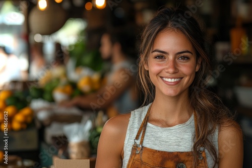A smiling small business owner standing in front of their store. Generative AI