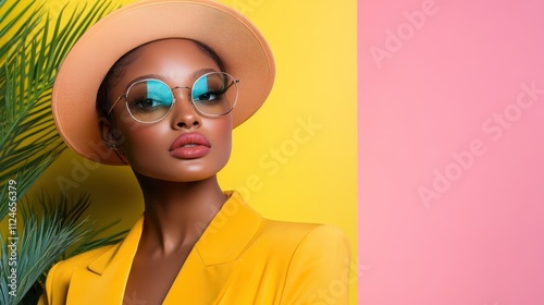 A woman in a yellow suit and hat poses gracefully in an artful tropical setting, combining modern fashion with a colorful, vibrant backdrop. photo