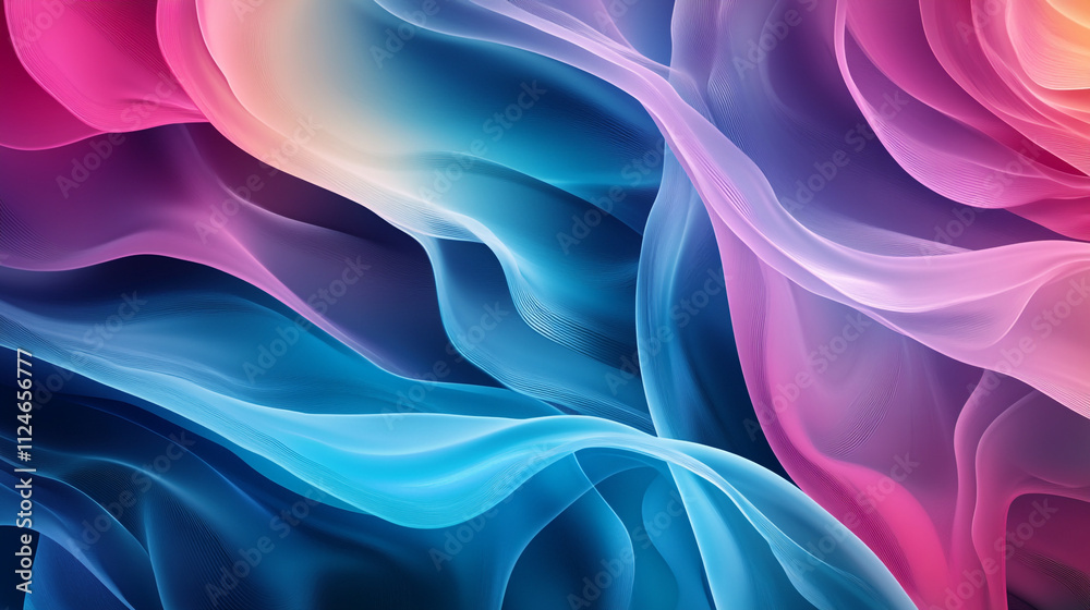 Fototapeta premium Colorful fabric waves create a dreamy abstract pattern in soft pastel hues of blue and pink