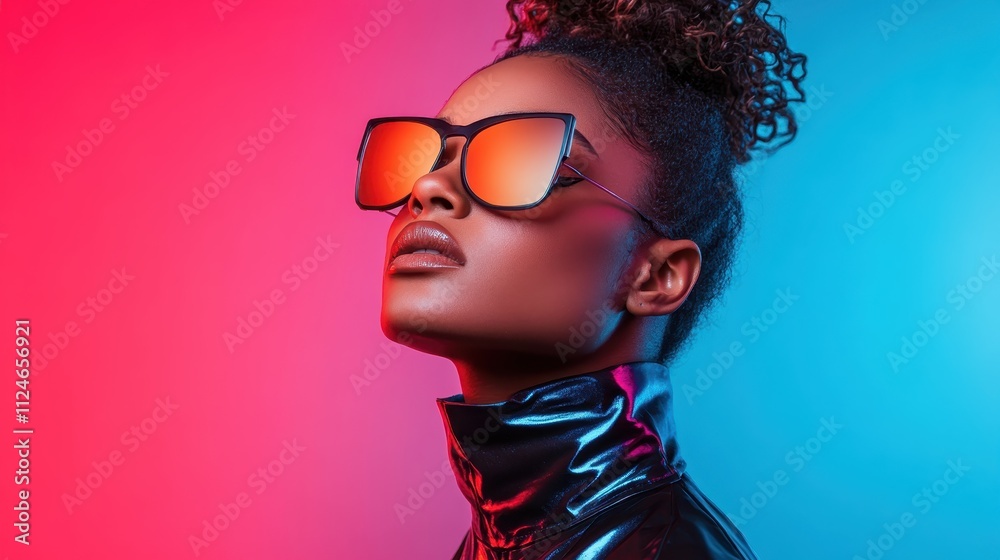 A stylish profile portrait of an individual in sunglasses set against a striking pink and blue gradient backdrop, showcasing modern fashion and color harmony. A stylish profile portrait of an individual in sunglasses set against a striking pink and blue gradient backdrop, showcasing modern fashion and color harmony.