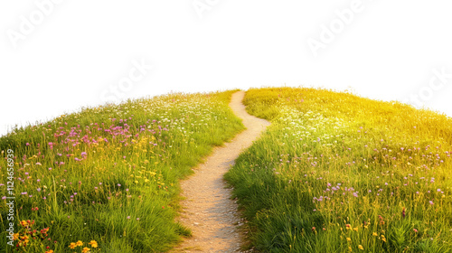 Fototapeta Naklejka Na Ścianę i Meble -  Sunset meadow with wildflowers and a walking path isolated on transparent background