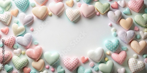 Aerial View of a Valentine's Day Decorative Border with Large and Small Hearts on a White Background Offering Ample Copy Space for Romantic Messages and Greetings
