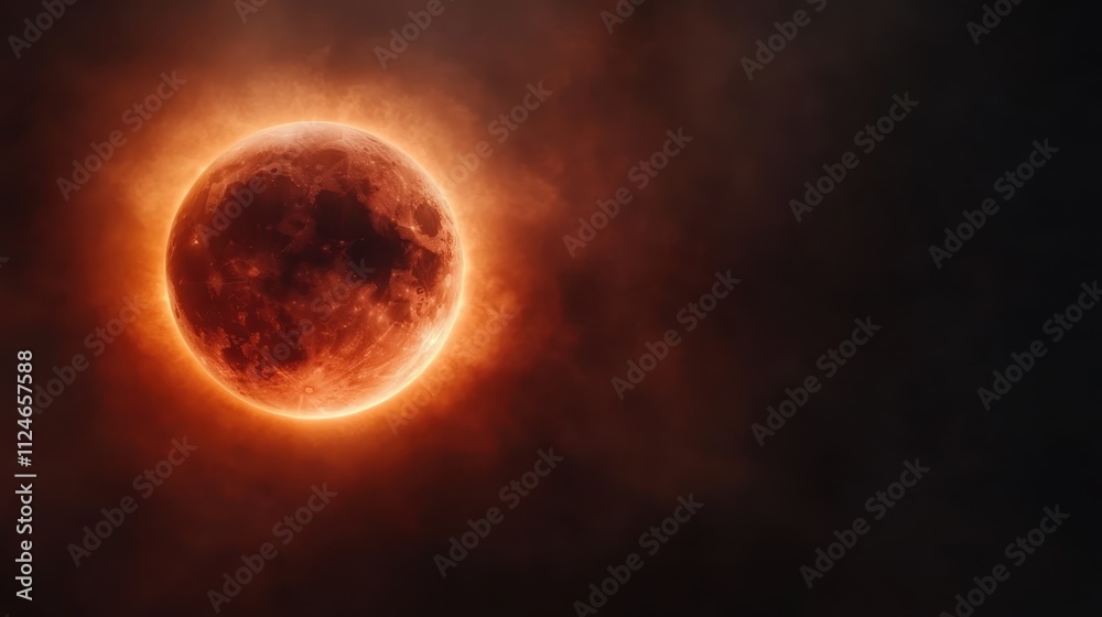A dramatic depiction of an eclipse with the moon covered in a fiery halo, surrounded by dark clouds, creating an awe-inspiring celestial scene of contrast and wonder. A dramatic depiction of an eclipse with the moon covered in a fiery halo, surrounded by dark clouds, creating an awe-inspiring celestial scene of contrast and wonder.