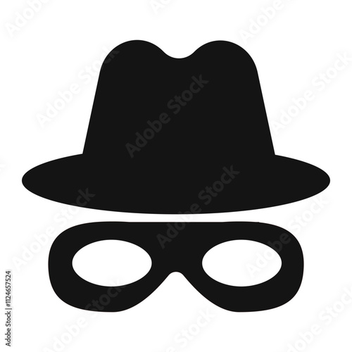 Incognito mask, villain or robber hide face element, black silhouette mystery costume with hat icon. Superhero or carnival bandit burgar 