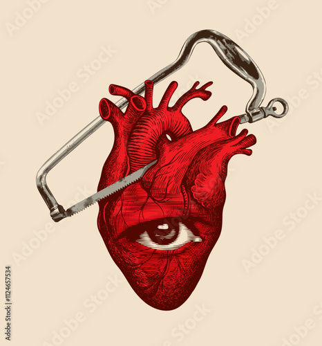 vector illustration on a medical theme with a human heart with human eye and a surgical saw for amputation