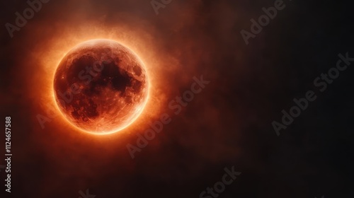 A dramatic depiction of an eclipse with the moon covered in a fiery halo, surrounded by dark clouds, creating an awe-inspiring celestial scene of contrast and wonder.