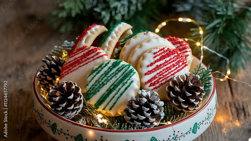 Iced shortbread cookies with red and green sugar, arranged on Christmas-themed dish with pine cones and twinkling lights Iced shortbread cookies with red and green sugar, arranged on Christmas-themed dish with pine cones and twinkling lights