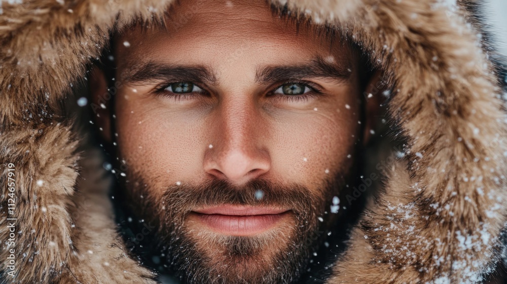 Close-up Portrait of Man Wearing Furry Hood in Snow Close-up Portrait of Man Wearing Furry Hood in Snow
