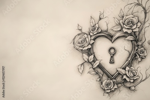 A tattoo sketch of a heart with a keyhole, surrounded by delicate vines and roses, space for text.