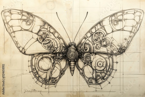 A tattoo sketch of a mechanical butterfly with wings formed by gears, intricate in detail, space for text. photo