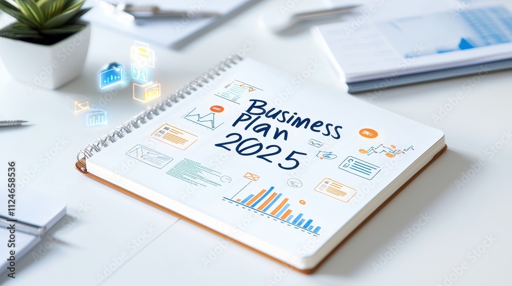 Fototapeta premium Business plan 2025 on a notebook with charts and a plant on a desk.