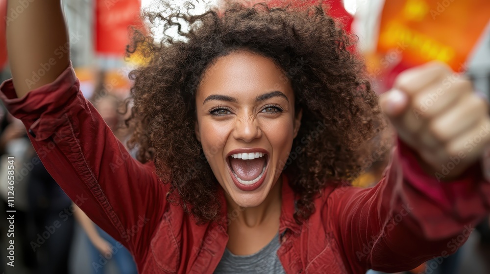 A joyful woman with curly hair energetically participates in a lively street demonstration, embodying the spirit of activism and public expression. A joyful woman with curly hair energetically participates in a lively street demonstration, embodying the spirit of activism and public expression.