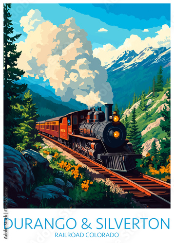 Ride the Durango & Silverton Narrow Gauge Railroad Colorado Poster Illustration Travel Print Decor Gift Paper Canvas Wall Retro Art photo