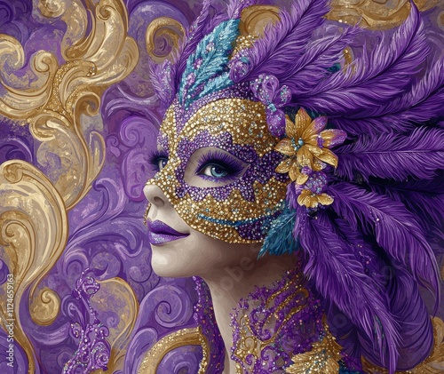 Elegant carnival celebration mask with purple feathers and gold accents photo