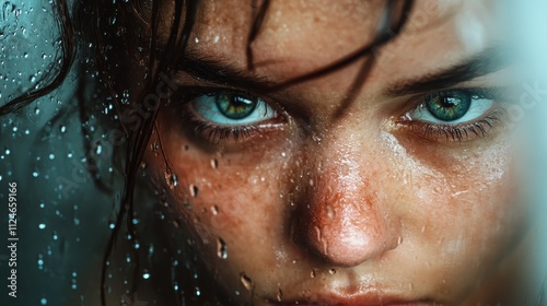 A striking close-up of vibrant eyes peering through a water-speckled glass panel conveys intense emotion and drama, playing beautifully with focus and clarity.