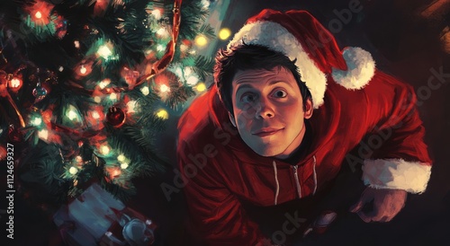 Sam Altman in Santa Hat by a Christmas Tree with Bright Lights photo