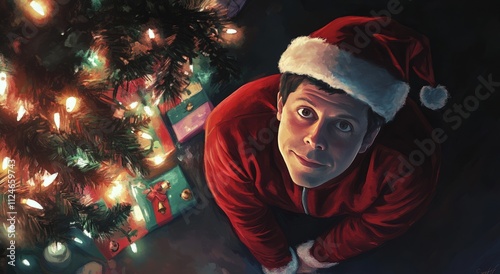 Sam Altman in Santa Hat by a Christmas Tree with Bright Lights photo