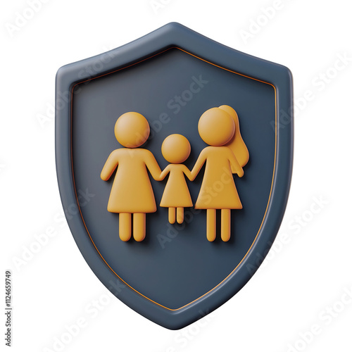 3D Family Shield Icon with Minimal Cartoon-Style Design on Isolated White Background