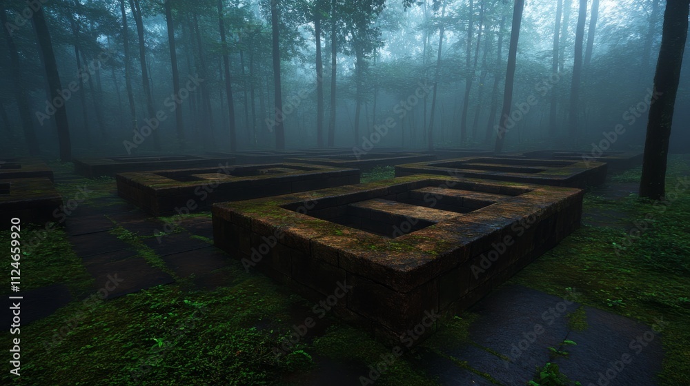 Obraz premium A wide-angle view captures a maze-like stone formation surrounded by dense, misty woods. The eerie atmosphere and muted lighting enhance the mystery of the location