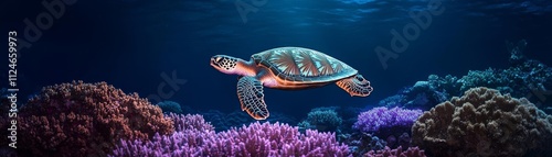 A turtle swimming through a coral reef glowing with faint luminescence photo