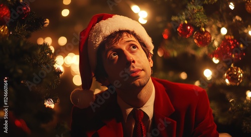 Sam Altman in Santa Hat by a Christmas Tree with Bright Lights photo