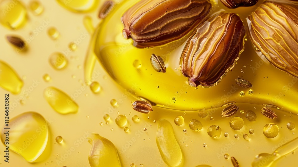 Organic Jojoba Seeds with Golden Jojoba Oil, Highlighting Natural Hydration and Rejuvenating Skincare Benefits. Generative AI Organic Jojoba Seeds with Golden Jojoba Oil, Highlighting Natural Hydration and Rejuvenating Skincare Benefits. Generative AI
