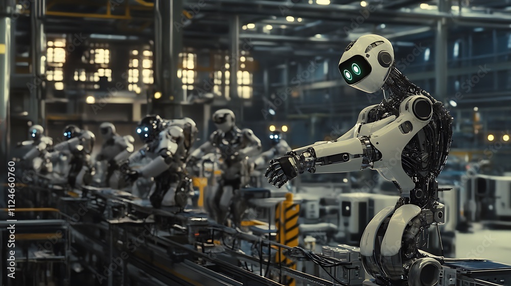 Advanced Robots Overseeing a Factory Assembly Line Advanced Robots Overseeing a Factory Assembly Line
