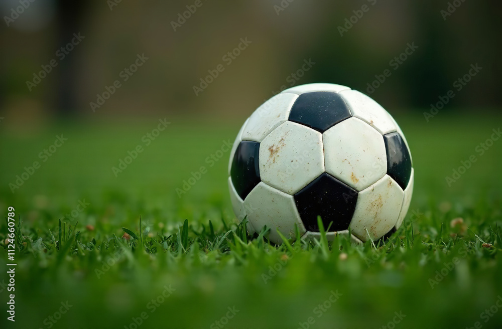 Soccer ball lying on green grass on football field, close up. AI Generative Soccer ball lying on green grass on football field, close up. AI Generative