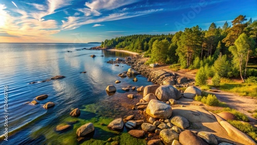 Kasmu Peninsula Sunset Panorama: Estonian Gulf of Finland Coastal Stones & Boulders photo