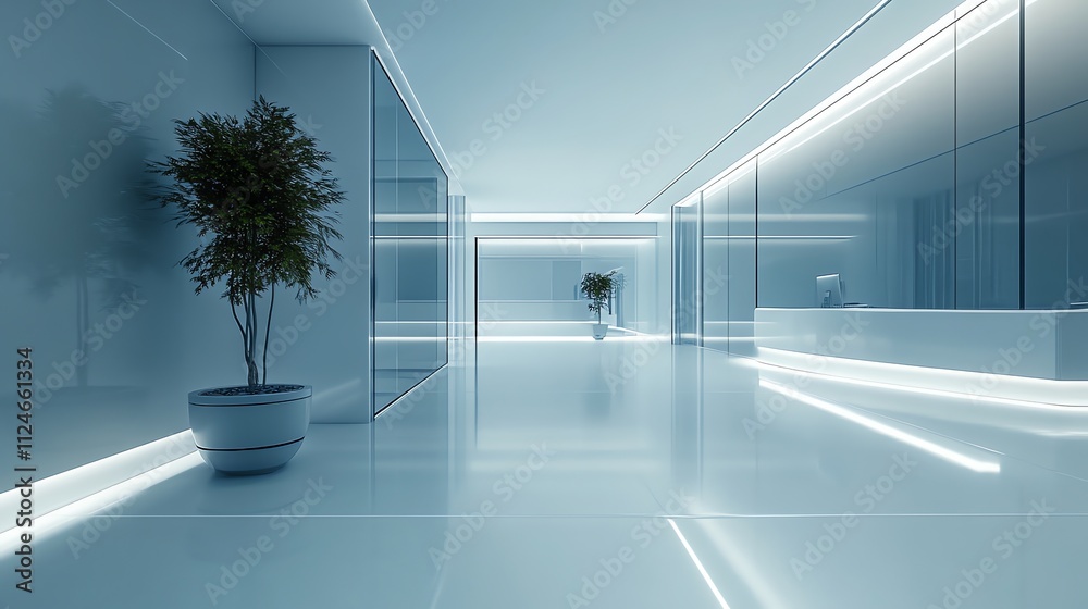 A white, modern interior with a reception desk and glass doors. A white, modern interior with a reception desk and glass doors.