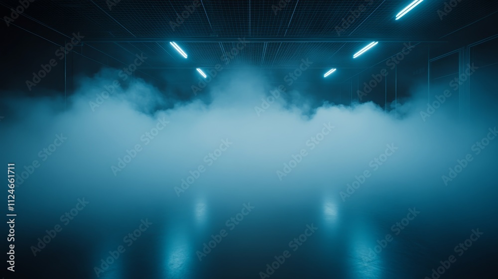 Fototapeta premium Dense swirling mist is beautifully illuminated by pale blue and white lights in a commercial setting, producing a magical and otherworldly effect