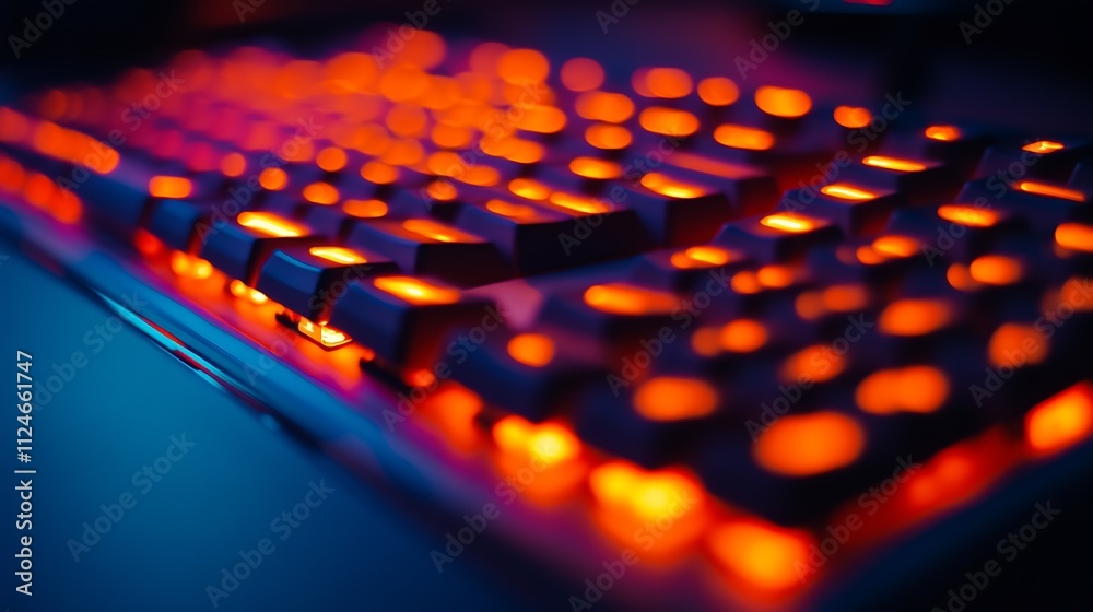 Fototapeta premium Stylish Gaming Keyboard with Red and Orange LED Light Effects : Generative AI