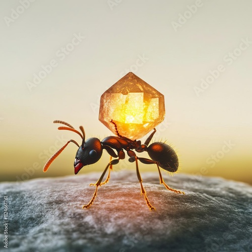 An ant carrying a glowing crystal, surreal and imaginative photo