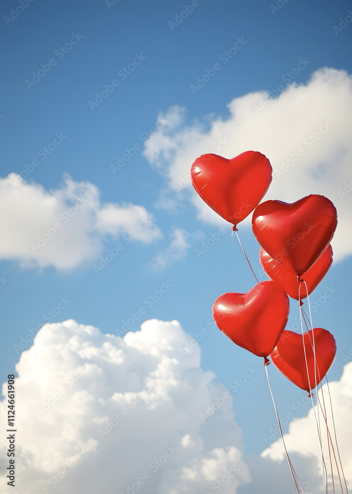 Red heart balloons against a bright blue sky with fluffy clouds. Red heart balloons against a bright blue sky with fluffy clouds.
