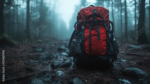 A lone red backpack, soaked from the mist, sits on a forest trail lined with rocks and mud, evoking themes of travel, endurance, and solitude amid wild nature. photo