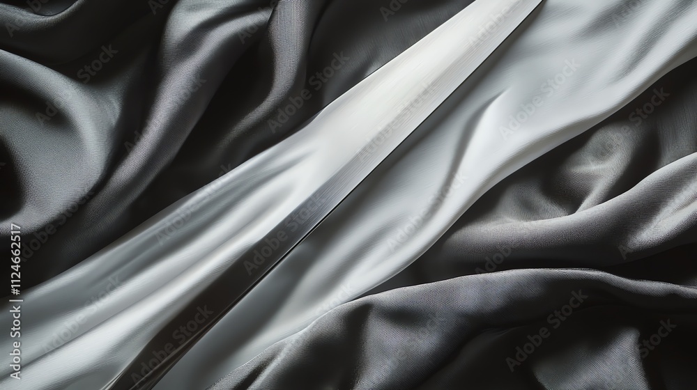Fototapeta premium A shiny, silver knife lying on a white fabric background.