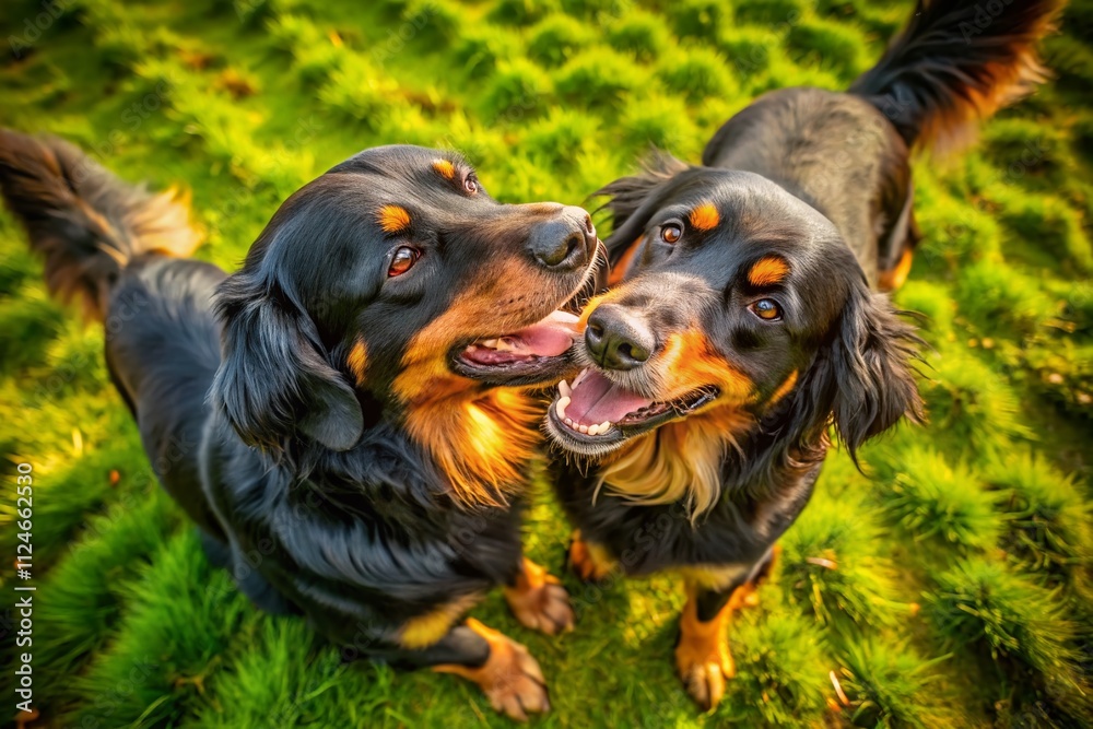 Aerial View of Black and Gold Hovawart Dogs Engaged in a Playful Biting Game in a Lush Green Field Captured by Drone Photography Aerial View of Black and Gold Hovawart Dogs Engaged in a Playful Biting Game in a Lush Green Field Captured by Drone Photography