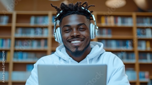 A cheerful young man in a white hoodie is wearing headphones and enjoying his time in a library. His bright smile and lively demeanor convey relaxation and happiness.