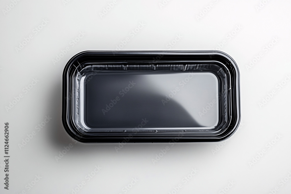 A glossy black rectangular food container photographed from above placed on a white background showcasing simplicity and utility  
