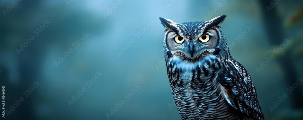 An owl with glowing eyes, perched in a mystical, foggy forest An owl with glowing eyes, perched in a mystical, foggy forest