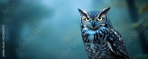 An owl with glowing eyes, perched in a mystical, foggy forest