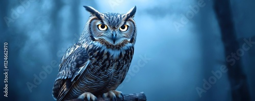 An owl with glowing eyes, perched in a mystical, foggy forest photo