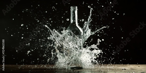 A glass bottle exploding in slow motion, with shards and liquid scattering in all directions, space for text. photo