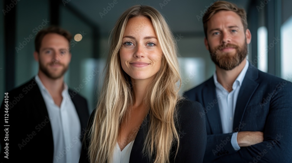 Confident woman stands in front in a professional setting, flanked by team members, creating a strong image of collaboration and modern professionalism. Confident woman stands in front in a professional setting, flanked by team members, creating a strong image of collaboration and modern professionalism.
