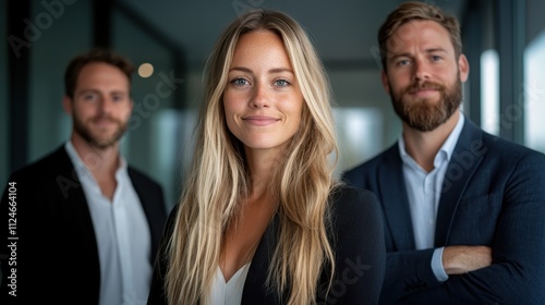 Confident woman stands in front in a professional setting, flanked by team members, creating a strong image of collaboration and modern professionalism.