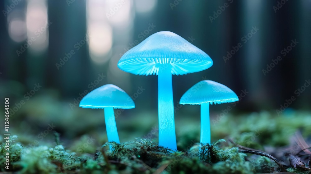 Fototapeta premium Bioluminescent mushrooms glowing in soft blue hues, enchanting forest setting
