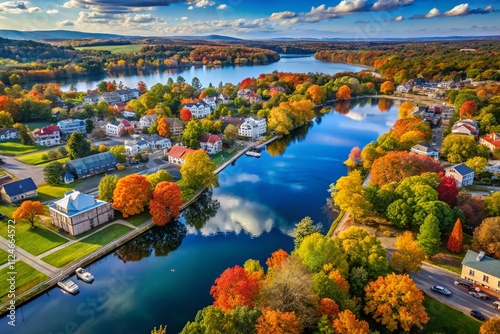 Aerial View of Cazenovia Lake and Village in Madison County, New York, Capturing the Beauty of September 2024 with Lush Landscapes and Vibrant Fall Foliage photo