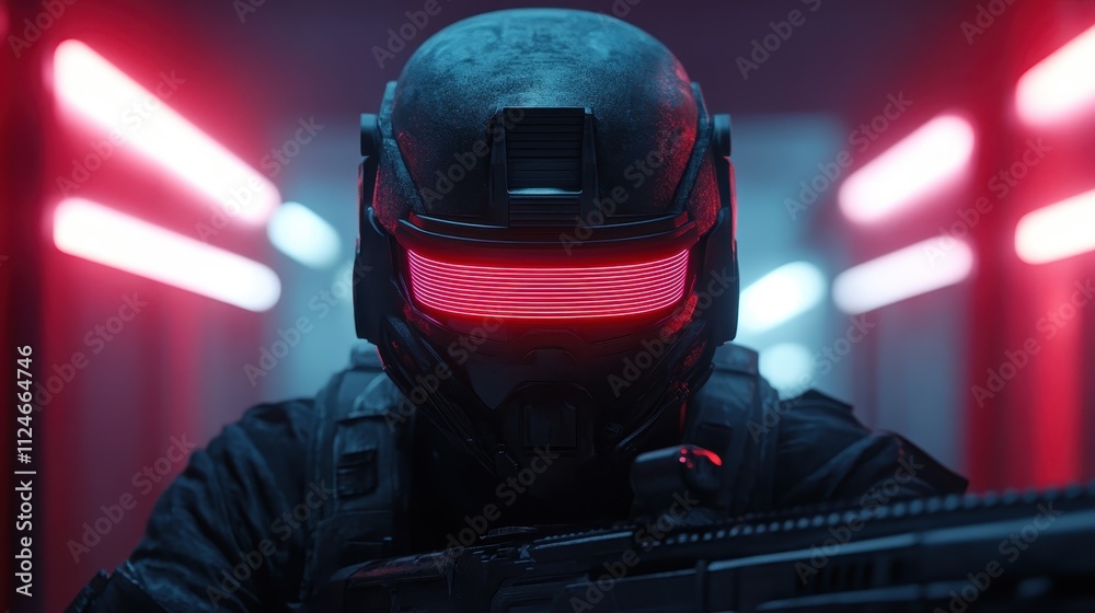 The image displays an armored individual immersed in an eerie red glow, highlighting the striking neon visor against a backdrop of sci-fi symmetry and precision. The image displays an armored individual immersed in an eerie red glow, highlighting the striking neon visor against a backdrop of sci-fi symmetry and precision.