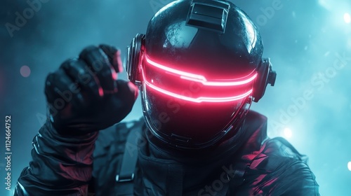 A mysterious figure in a sleek, futuristic helmet with a red glowing visor exudes a sense of mystery and technological advancement in a dimly lit environment. photo