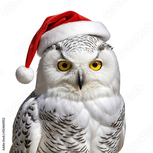 White owl wearing a Christmas hat with vibrant yellow eyes against a transparent background photo